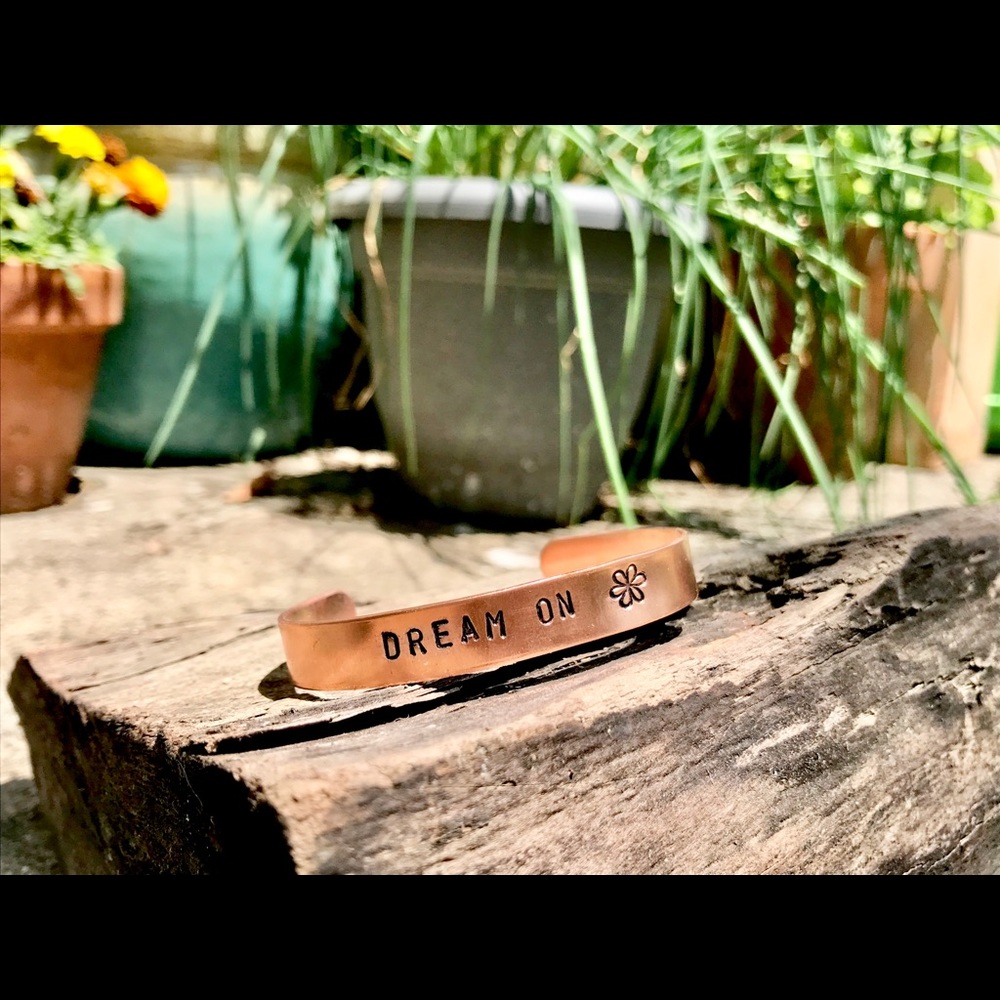 Hand stamped adjustable metal cuff bracelet